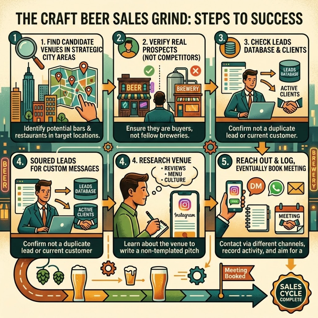 The craft beer sales workflow: find venues, verify prospects, check the leads database, research the venue, reach out and log the activity, book a meeting